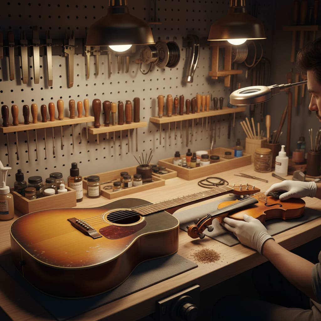 Instrument repair bench with guitar and violin work in progress